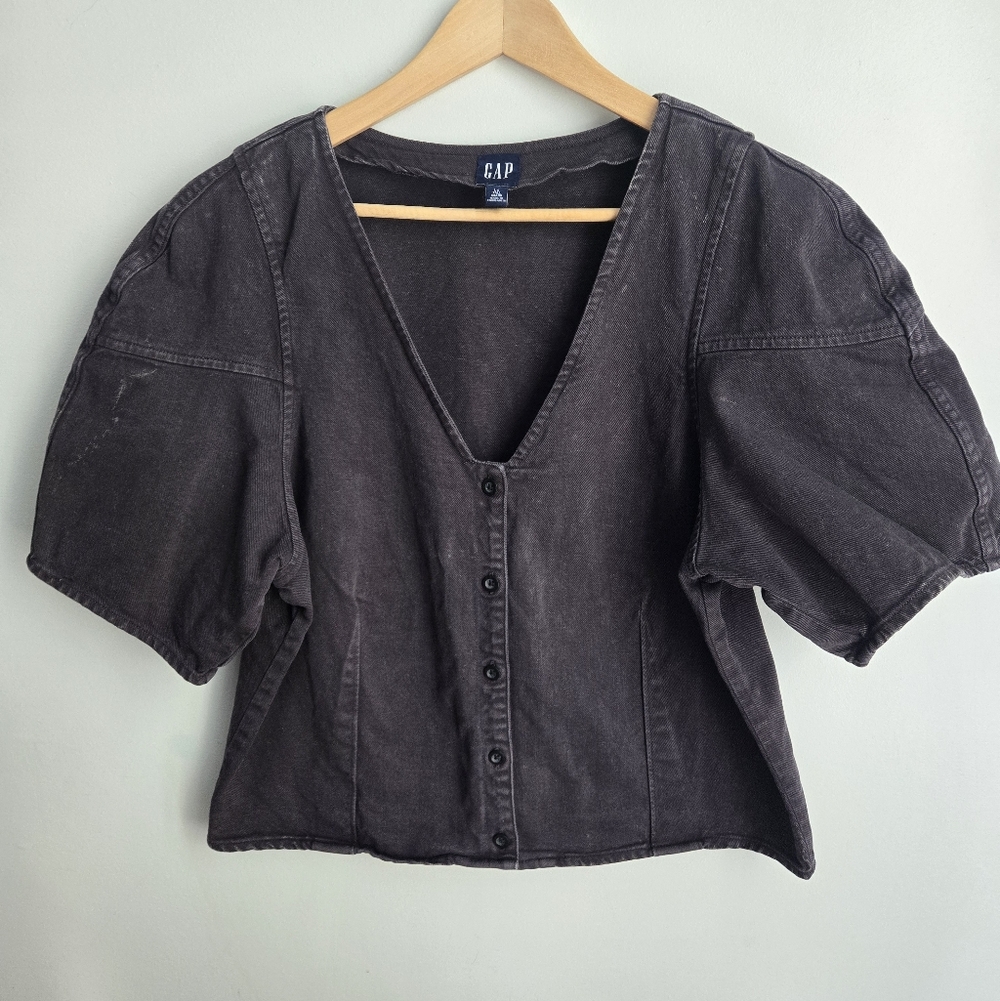 GAP Black Button-Front Puff Sleeve Top